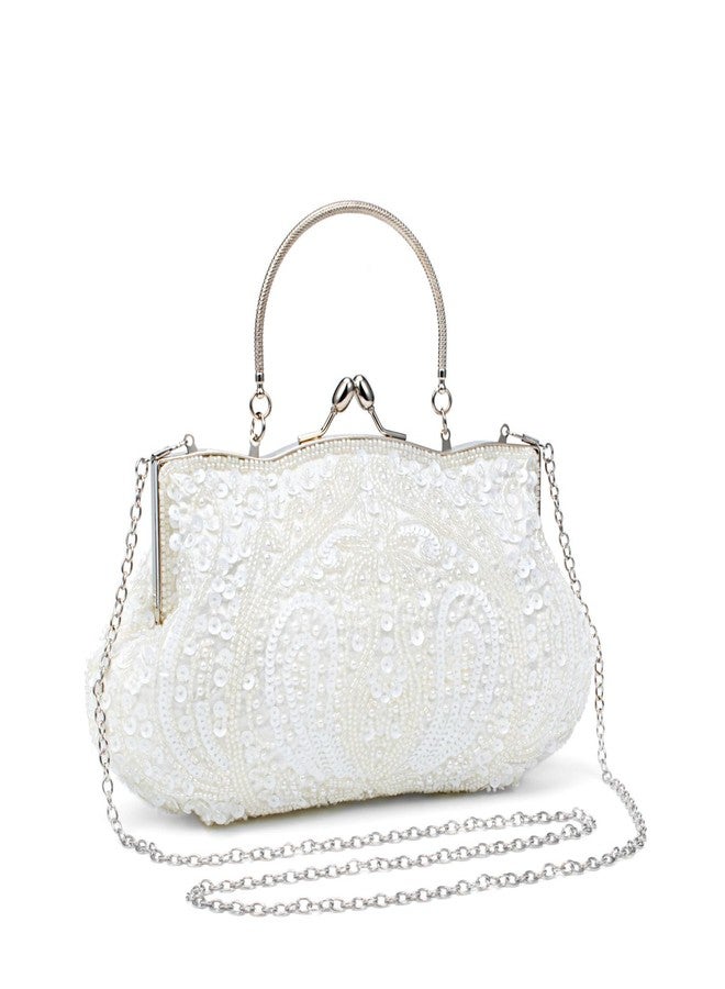 Simcat Beaded Sequin Flower Evening Purse Large Clutch Bag (White) - Image 3